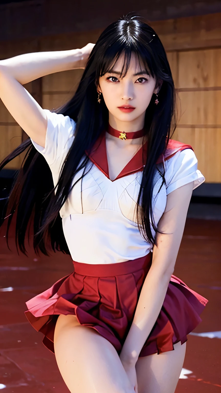 masterpiece、high quality、High resolution、Realistic、professional lighting、Japanese、woman、young、White skin、sweaty skin、Wet with sweat、Sailor Mars、rei hino、Long black hair, Parted bangs, Purple eyes, Sailor Warrior Uniforms, Star Choker, Red sailor color, Purple ribbon on chest, White leotard, Red pleated skirt, mini skirt, Red High Heels, White elbow gloves, Holding a sword in both hands、Holding a sword、Combat Ready、(((There was blood on my face)))、(((There was blood on my clothes)))、A lot of blood splatter、bleed、Bleeding、Has a bandage on his arm、(((vampire)))、Vomiting blood、Torn clothes、Muddy、Dirt all over the body、wasteland、moon night、dark、whole body、Anatomically correct
