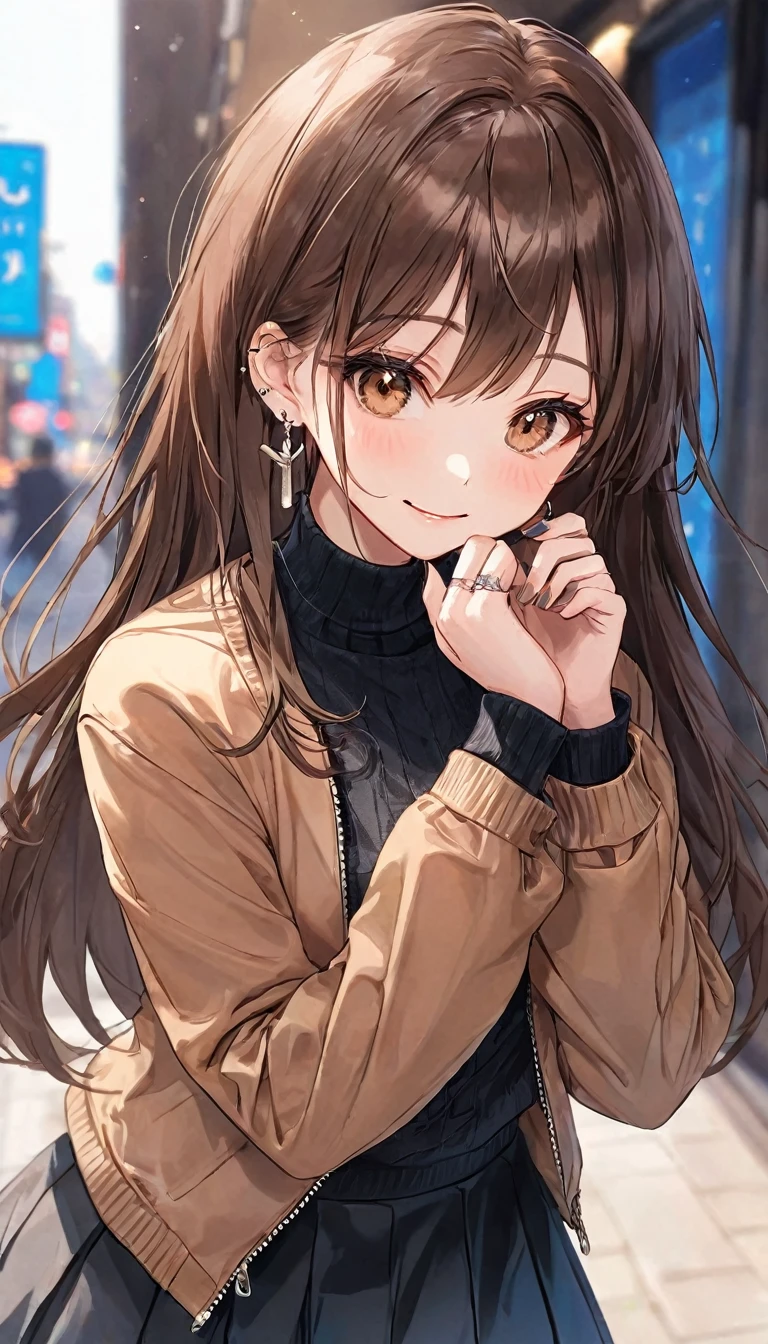 One Girl, Ahoge, bangs, black skirt, black sweater, Blue Claws, Blurred, Blurred background, chest, Brown eyes, Brown Hair, brown Jacket, Mouth closed, Day付付き, Day, Written boundary depth, Earrings, eyelash, Please raise your hand, Tilt your head, Jacket, jewelry, Long Hair, Long sleeve, Show Viewer, medium chest, Manicure, Open clothes, open Jacket, Outdoor, Pursing your lips, Putting in a shirt, Side Lock, skirt, Sleeves are longer than the wrist, alone, sweater, Upper Body, zipper, smile, ((masterpiece)),