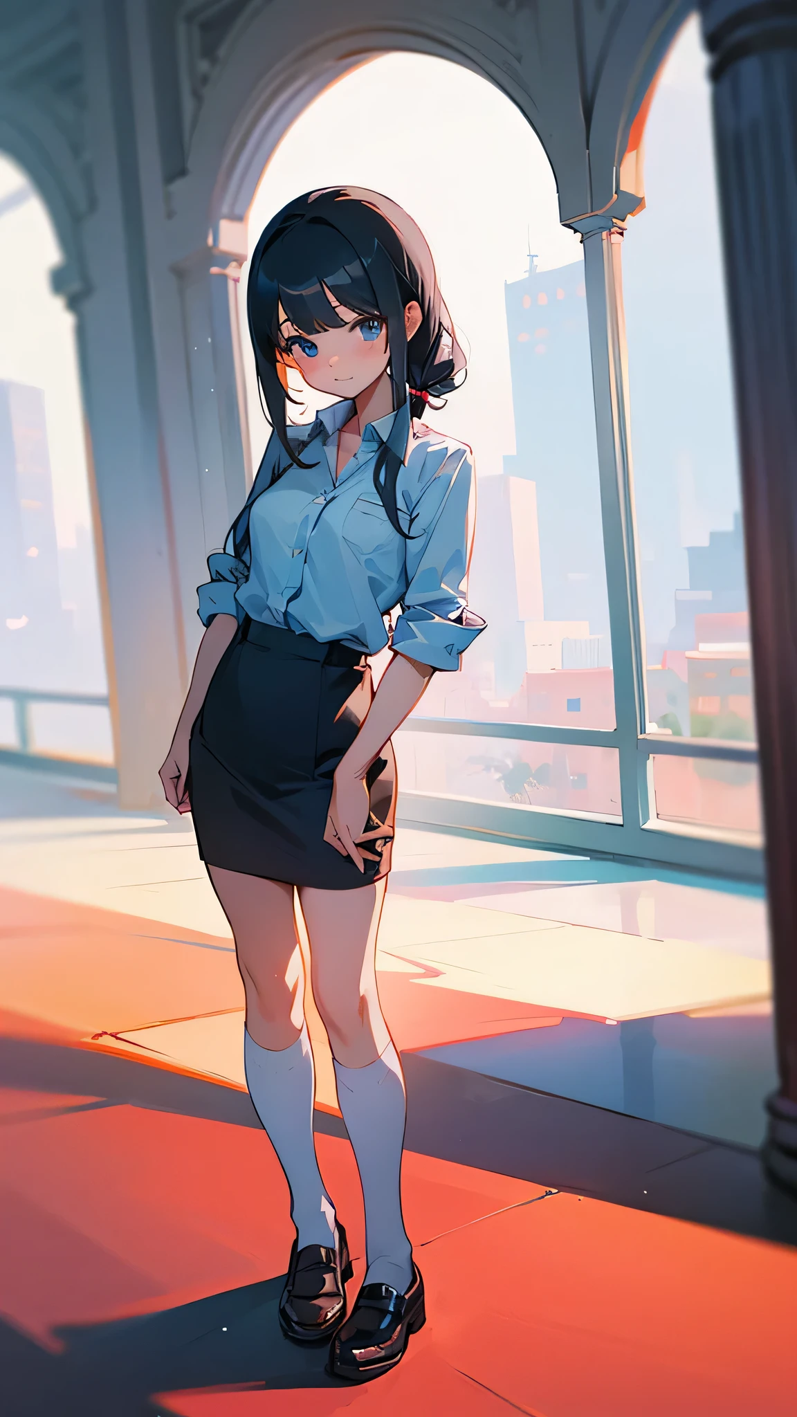Cute girl standing on relling in office uniform