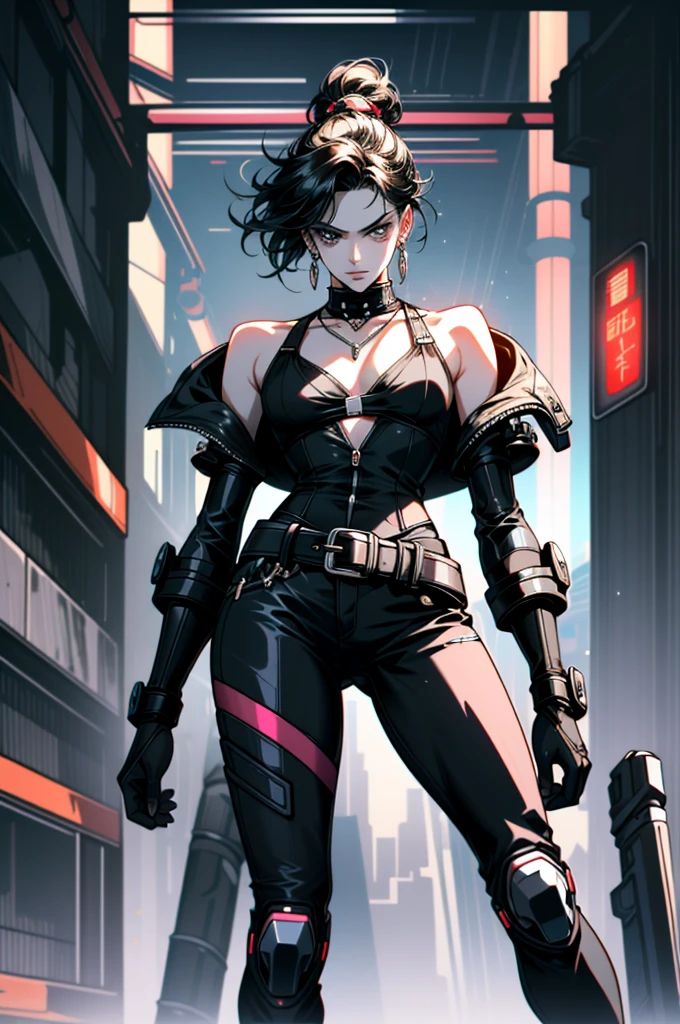 ((Super detailed, masterpiece, absurd))
decadent, 1 chico, , short hair, Brown hair, high ceiling, city lights background, Permanent, Stylish Suits, A confident power stance designs cool and sexy cyberpunk style clothing.,We can adopt the following design elements and concepts.:
**Basic tones and materials.**:
- Black as main color,Reflecting the dark technological sense of cyberpunk。
- Made of smooth leather and metallic synthetic fibers.,Improving the sense of the future。
**Superior design**:
- Fitted vest,Cut for a slim fit,show your figure。
- Geometric cutouts on back and shoulders.,Increases breathability and sensuality.。
- The LED light strip on the chest can display patterns or text,Customized and technologically advanced。
**Background design**:
- Low-rise briefs,Reflective material edges.,grab the eye。
- Partially cut metal mesh and chain.,Covering and provoking。
- Elastic straps or adjustable buckle,Greater comfort and flexibility.。
**Loop design for legs**:
- Mid-thigh leg,Decoration of chains and metal rivets.,Strength and sensuality。
- adjustable size,Suitable for different body types。
**Accessories**:
- Chain at waist adds layers and movement.。
- The knee pads or shin guards are made of translucent material and fluorescent color,shine in the night,Improves the sense of science fiction.。
**General Style**:
- Focus on lines and structure.,Reflecting cyberpunk rebellion and technological quest。
- Transparent hollow design,Stay cool and sexy。