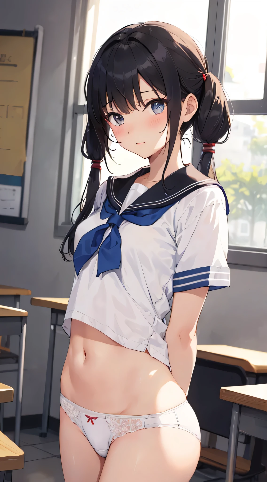 nsfw,alone, (One girl), Junior high school girl,single, , ((White panties)), (wearing only the top half of sailor school uniform), Sailor with un-folded hems, sexy, (Cowboy Shot), ((arms behind back)), classroom, With a girl:Her hair is long and black, Her face is round and cute, Black Hair, Low twin tails, (Are standing),(Shy, Embarrassing),from below,