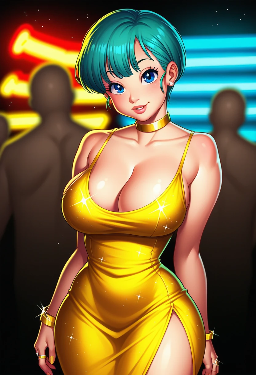 score_9, score_7_up 1girl, solo, (bulma):0.8, gold dress, cleavage, wide hips, taut clothes, large breasts, depth of field, presenting, short hair, head tilt, looking at viewer, gold choker, ring, neon lights, dark background, sparkle,