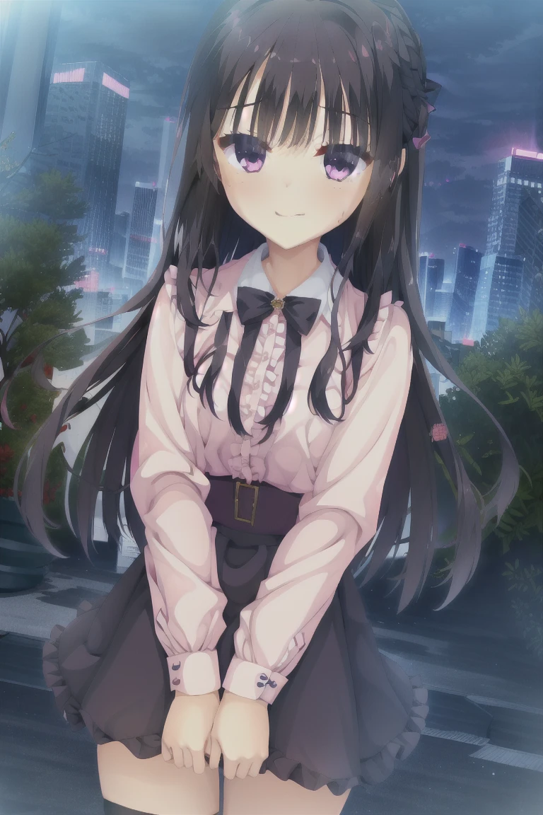 1girl,独奏,smiling_happily,long_hair,blush,bangs,skirt,shirt,black_hair,long_sleeves,bow,very_long_hair,purple_eyes,hair_bow,frills,puffy_sleeves,collared_shirt,black_skirt,bag,two_Side_up,dress_shirt,black_bow,depth_of_field,lace_trim,puffy_long_sleeves,pink_shirt,emphasis_lines,jiraikei_fashion,outdoor,night,City night view,skyscraper,Rooftop,whole body, expensive_solve, clear_image, expensive_Contrast, 8k, Sparkling, beautiful_detailed_face_and_eye, (Black Hair:1.25), 白 eye,