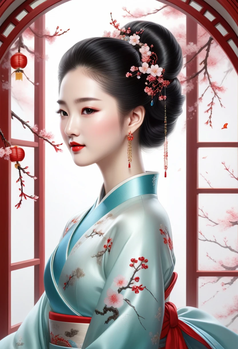 A sparkling, gorgeous jewel, Minimalist design, Public figure, reply, Ancient Beauty, Looks like Liu Yifei., window fairy, Edo hairstyle, Red lips smiled like cherry blossoms, Curved posture, white background, raised an eyebrow, Not messy, enlargement, rococo style, animation style, high detail, Contemporary art