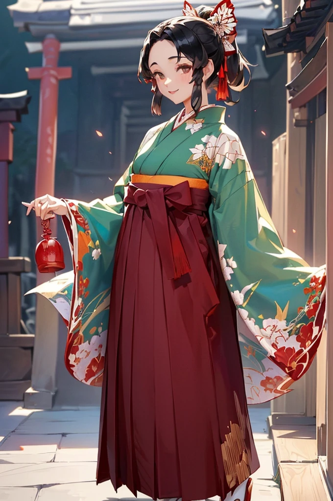 (((beautiful))), (((kimono, Hakama, noon, shrine, tall, full body))), ((Black Hair, parted bangs, forehead, ponytail, hair ornaments, slim)), One Woman, Thin legs, Glowing Skin, (((Intricate details))), High resolution, ((Intricate details, Ultra-detailed)), from front, wide shot, (looking at viewer, look at viewer), Red cheeks, smile,