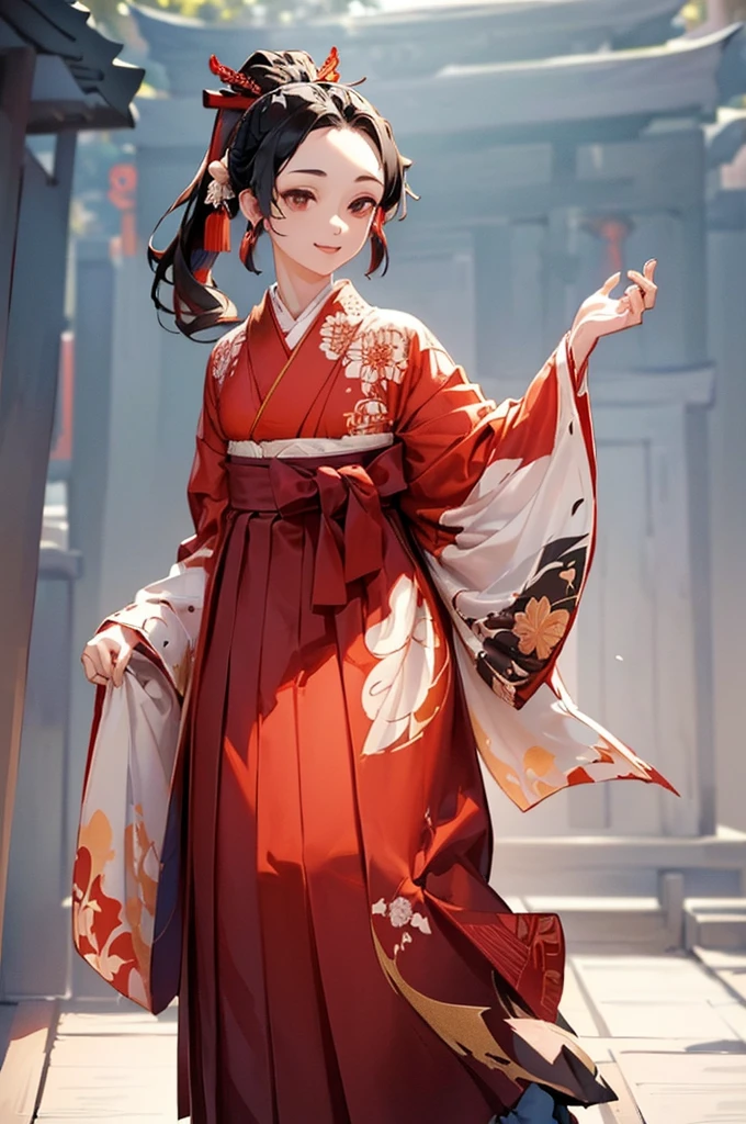 (((beautiful))), (((kimono, Hakama, noon, shrine, tall, full body))), ((Black Hair, parted bangs, forehead, ponytail, hair ornaments, slim)), One Woman, Thin legs, Glowing Skin, (((Intricate details))), High resolution, ((Intricate details, Ultra-detailed)), from front, wide shot, (looking at viewer, look at viewer), Red cheeks, smile,