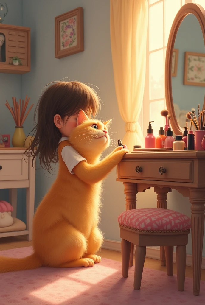 Now cat turns back to home and her owner girl give her their makeup from vanity to make cat happy golden cat