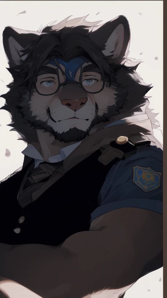 barrel(live a hero), (soft shading), 4k, hi res, ((detailed face, detailed eyes, detailed)), (full body), by zackarry911, by zaush, (by personalami:0.5), mature male, bara, muscular male, muscular, (pose), tokyo \(city\), street,solo, looking at viewer, smile, shirt, gloves, 1boy, hat, weapon, male focus, cowboy shot, black gloves, pants, fingerless gloves, uniform, feet out of frame, bulge, blue pants, police, police uniform, (police hat), (tail), wolf tail, police station