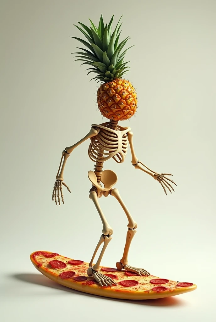 Skeleton with pineapple head surfing pizza surfboard no background 