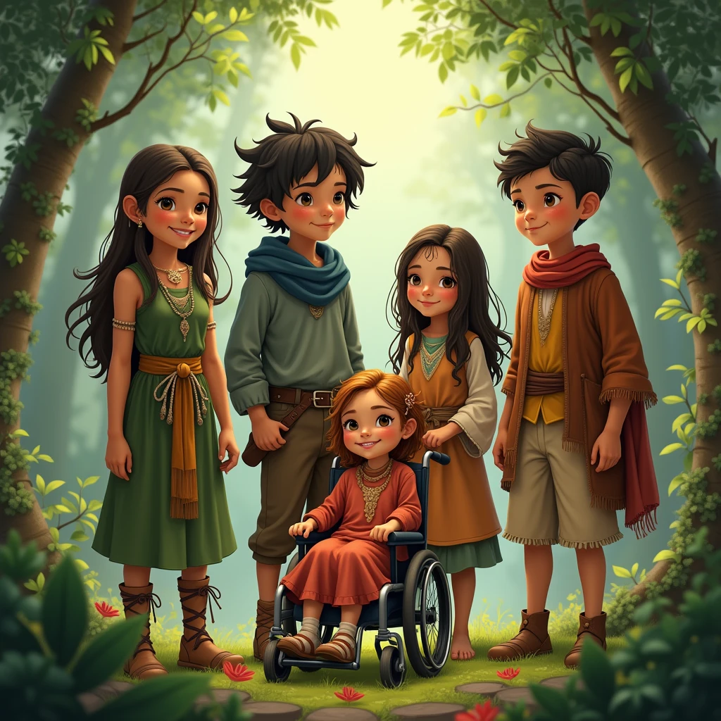 A group of 5 children (A spirited young girl from the Sunstone Tribe, A calm and wise boy from the Moonshadow Clan, A young girl from the Sky wind Nomads, who can communicate with animals, A young boy from the Earthbound Village, known for his strength and connection to the earth. A young girl with a physical disability from the Starflower Meadows, who uses her inventive mind and a magical wheelchair to navigate the world). 4 children were standing with one young girl in a wheelchair in a lush, enchanted forest. Each child has unique features and attire that reflect their heritage and abilities.