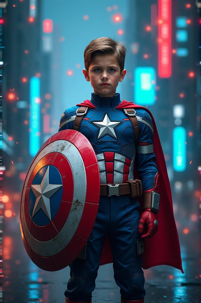 A boy who wearing captain America dress and write its name captain with a hacking background