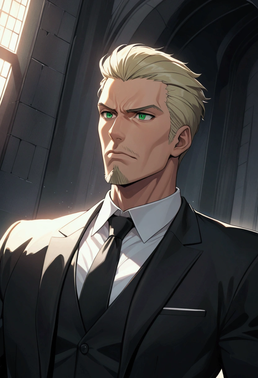 1man, man in black, vigorous mature, business hair with asymmetrical bangs, goatee, green platina blond hair, emerald eyes, BREAK 40yo, charming caucasian, slightly long chiseled face, deep set, angular jaw, facial wrinkles, crewcut, BREAK ideal ratio body proportions, middle weight muscular, beautiful detailed eyes, dark hero, best eyes, BREAK solo, funeral black suit, black necktie, white shirt, at wall street, detailed background, gloom, cool expression, natural standing, BREAK upperlegs, dramatic expression, in persona style, masculine comic art, 2010s, retro visual novel, in newest eroge style, dutch angle, cinematic shadows, cinematic lighting, lens flare, light leaks, texture, absurdres absolutely resolution, extreme all detailed, greatest painting, BREAK masterpiece, best quality
