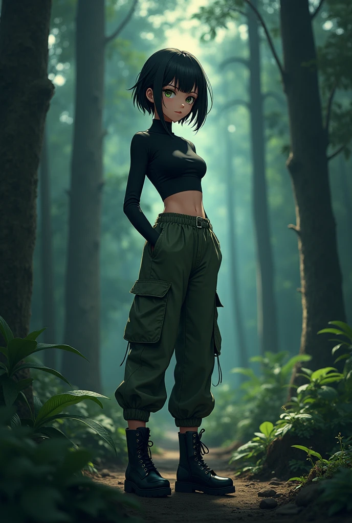 Anime girl, short black hair, jellyfish hair-cut, olive-green eyes, black tight fitting crop-top, olive-green parachute pants, black combat boots, dark forest background