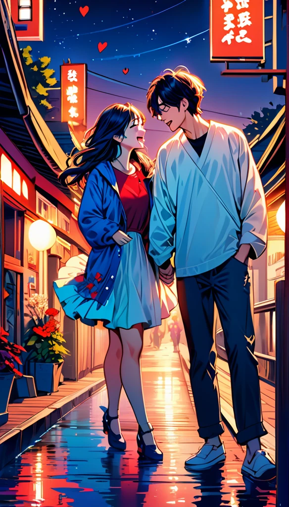 (Highest quality,Very detailed,Realistic:1.37),humor,Comic book style,Bold,Vibrant colors, Close to cool colors,Desaturate,Beautiful night view, A girl and a boy, Fun couple, Laughter, floating love,