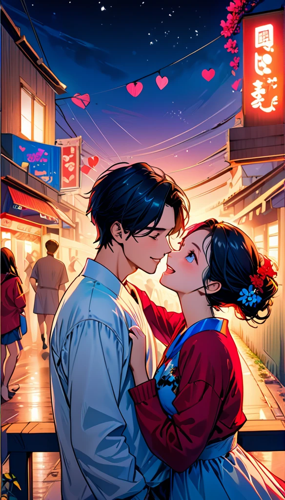 (Highest quality,Very detailed,Realistic:1.37),humor,Comic book style,Bold,Vibrant colors, Close to cool colors,Desaturate,Beautiful night view, A girl and a boy, Fun couple, Laughter, floating love,