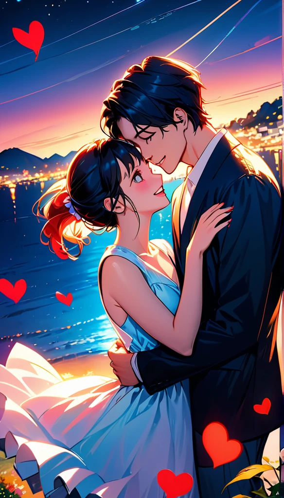 (Highest quality,Very detailed,Realistic:1.37),humor,Comic book style,Bold,Vibrant colors, Close to cool colors,Desaturate,Beautiful night view, A girl and a boy, Fun couple, Laughter, floating love,