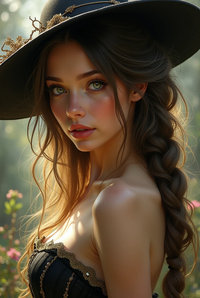 Hyperrealistic digital painting of a beautiful girl, reflections in very detailed eyes, looking at the viewer, long hair, large braid on the shoulder, hat, black and gold lace corset in a surreal and fantasy setting, combining the artistic styles of Jose Royo, Boris Vallejo, Julie Bell, Carne Griffiths and Brian Froud, accurate anatomy, with symmetrical centered composition, volumetric lighting, rays, bright color highlights, high contrast