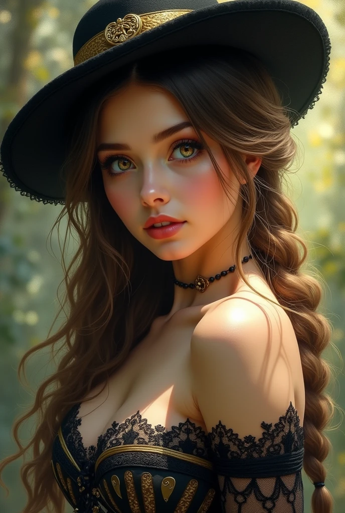 Hyperrealistic digital painting of a beautiful girl, reflections in very detailed eyes, looking at the viewer, long hair, large braid on the shoulder, hat, black and gold lace corset in a surreal and fantasy setting, combining the artistic styles of Jose Royo, Boris Vallejo, Julie Bell, Carne Griffiths and Brian Froud, accurate ???????, with symmetrical centered composition, volumetric lighting, rays, bright color highlights, high contrast
