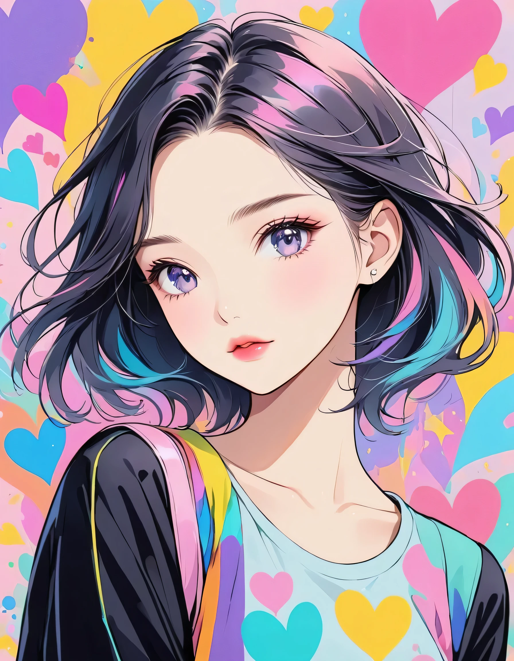 Black Star pastel color style, Simple Line Initialism，Abstract art，Urban Background, (((The most beautiful girl of all time))), Sweet face. Lips in love, colorful hearts, stylish design