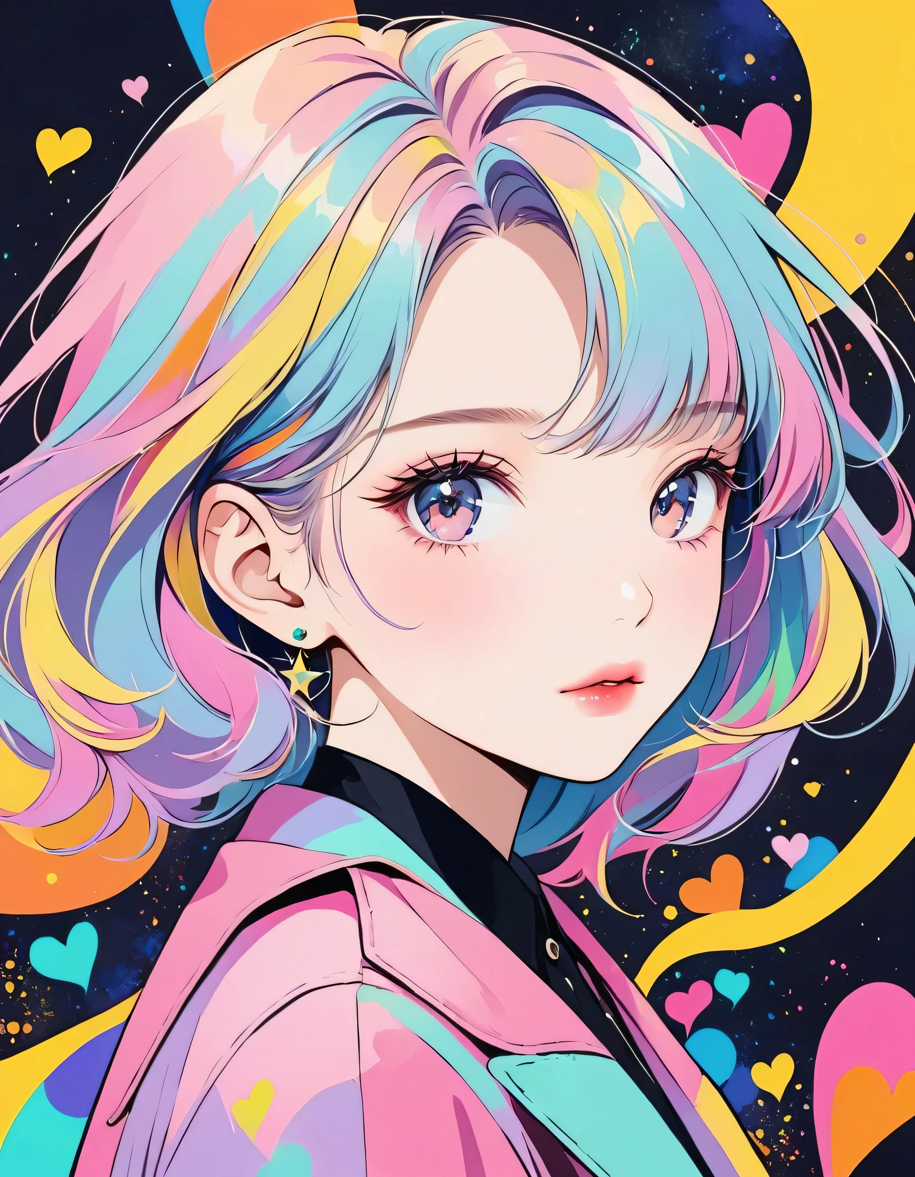 Black Star pastel color style, Simple Line Initialism,Abstract art,Urban Background, (((The most beautiful girl of all time))), Sweet face. Lips in love, colorful hearts, stylish design