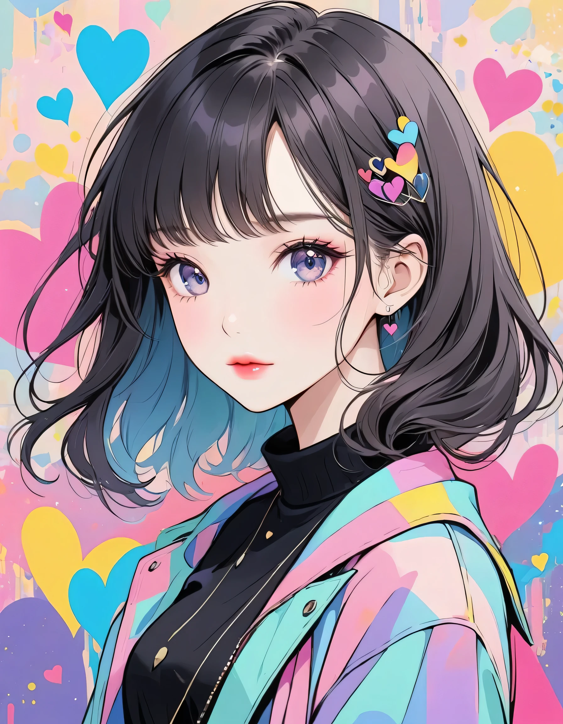 Black Star pastel color style, Simple Line Initialism,Abstract art,Urban Background, (((The most beautiful girl of all time))), Sweet face. Lips in love, colorful hearts, stylish design