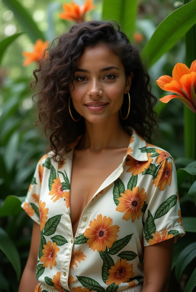 A Brazilian woman in a lush tropical garden, wearing an open shirt with a floral print, with a close-up capturing the harmonious beauty between her breasts and the natural flowers, showing off your natural charm and outgoing personality.