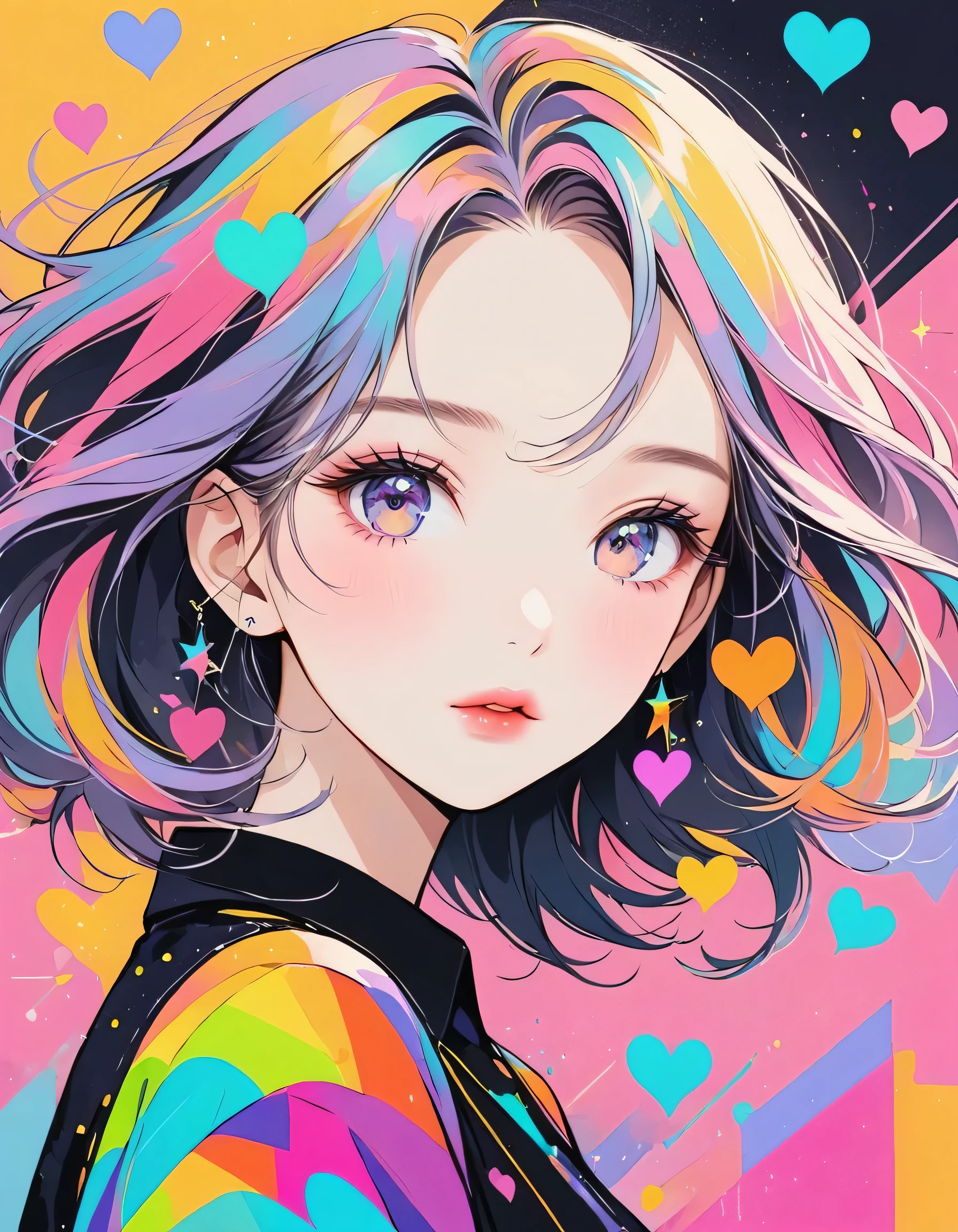Black Star pastel color style, Simple Line Initialism,Abstract art,Urban Background, (((The most beautiful girl of all time))), Sweet face. Lips in love, colorful hearts, stylish design