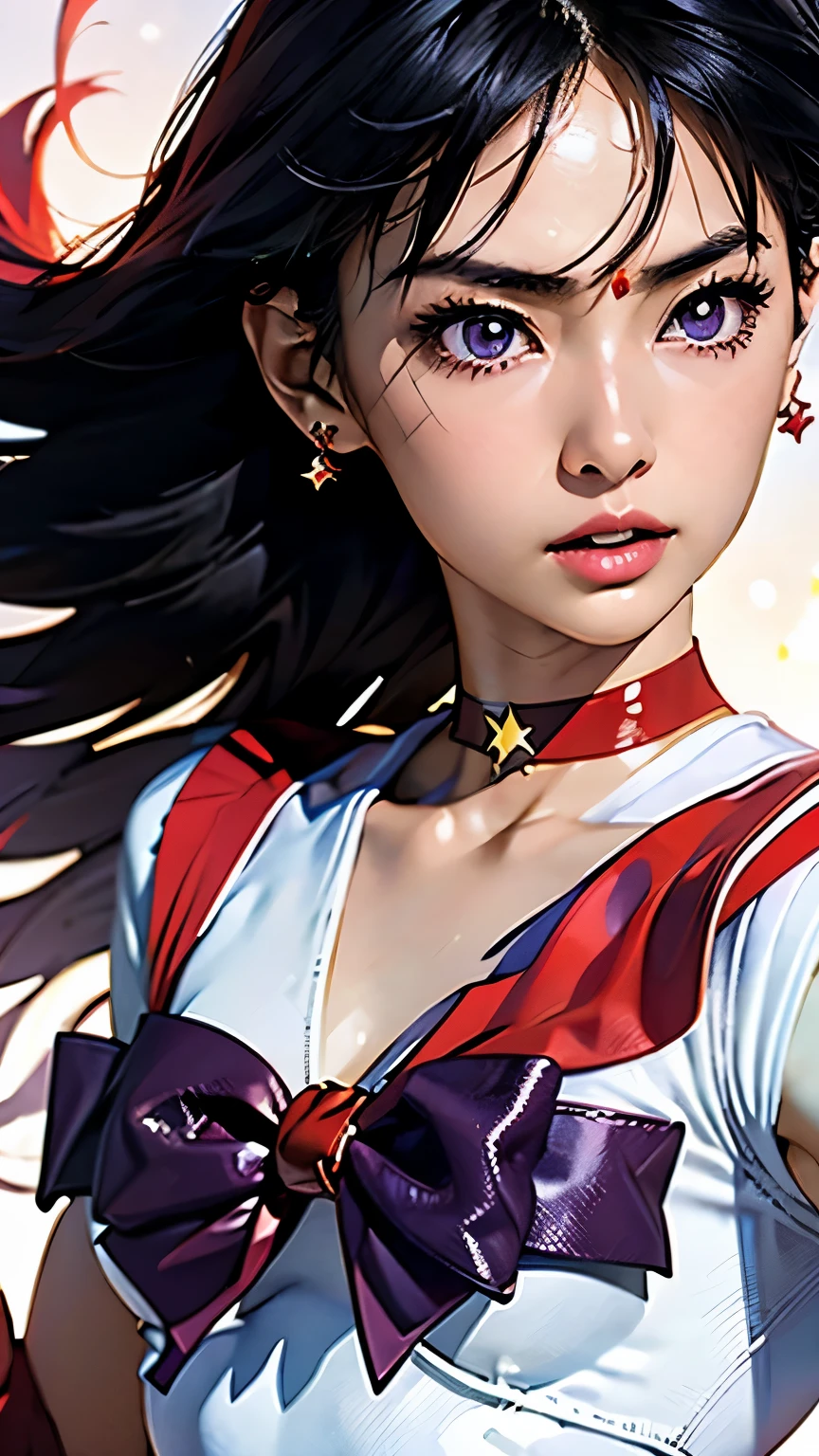 masterpiece、high quality、High resolution、Realistic、professional lighting、Japanese、woman、young、White skin、sweaty skin、Wet with sweat、Sailor Mars、rei hino、Long black hair, Parted bangs, Purple eyes, Sailor Warrior Uniforms, Star Choker, Red sailor color, Purple ribbon on chest, White leotard, Red pleated skirt, mini skirt, Red High Heels, White elbow gloves,whole body、Anatomically correct