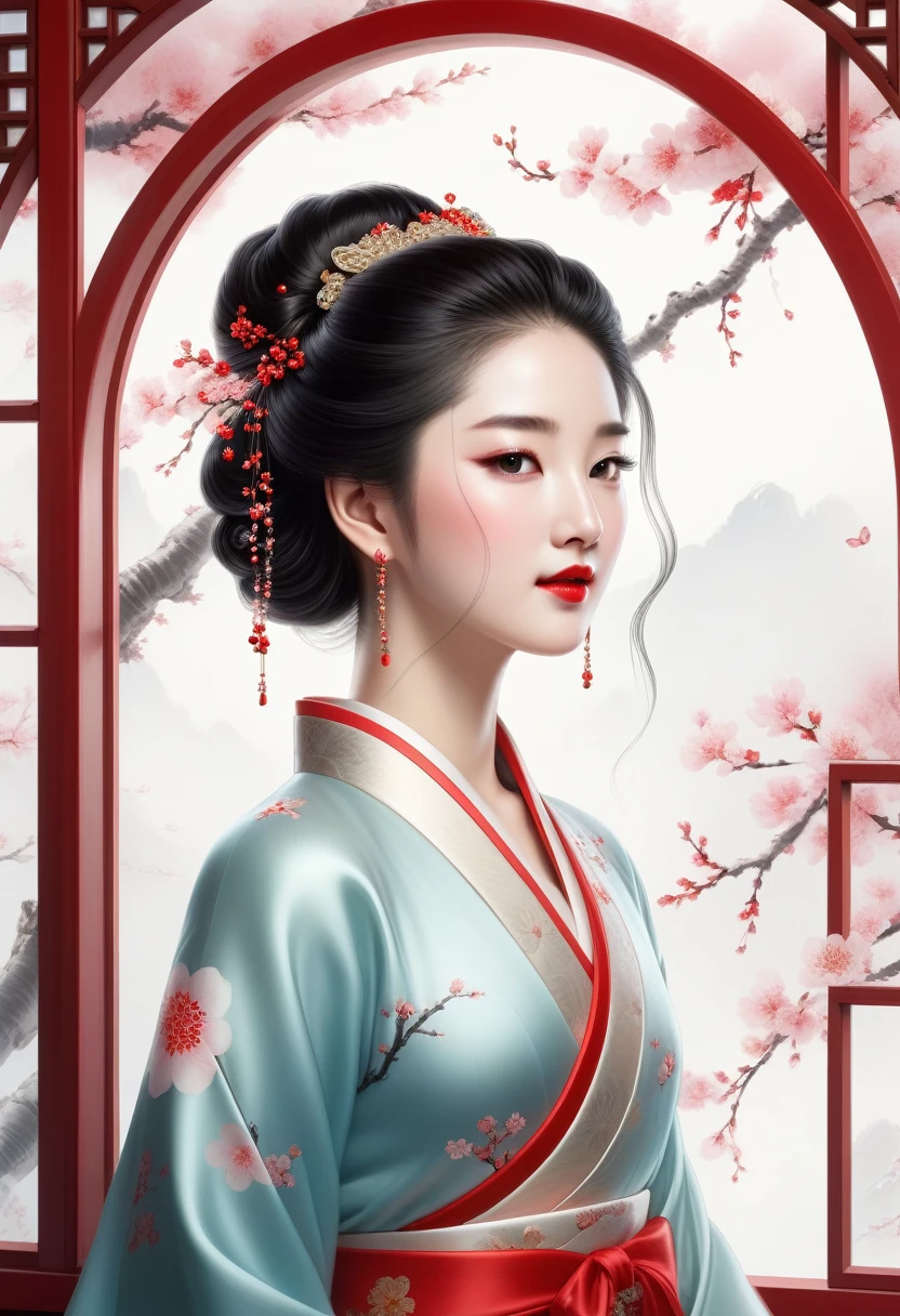 A sparkling, gorgeous jewel, Minimalist design, Public figure, reply, Ancient Beauty, Looks like Liu Yifei., window fairy, Edo hairstyle, Red lips smiled like cherry blossoms, Curved posture, white background, raised an eyebrow, Not messy, enlargement, rococo style, animation style, high detail, Contemporary art