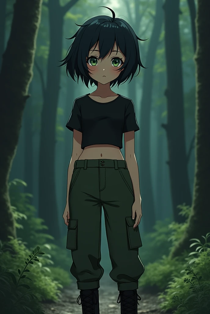 Anime girl, short black hair, jellyfish hair-cut, olive-green eyes, black tight fitting crop-top, olive-green parachute pants, black combat boots, dark forest background