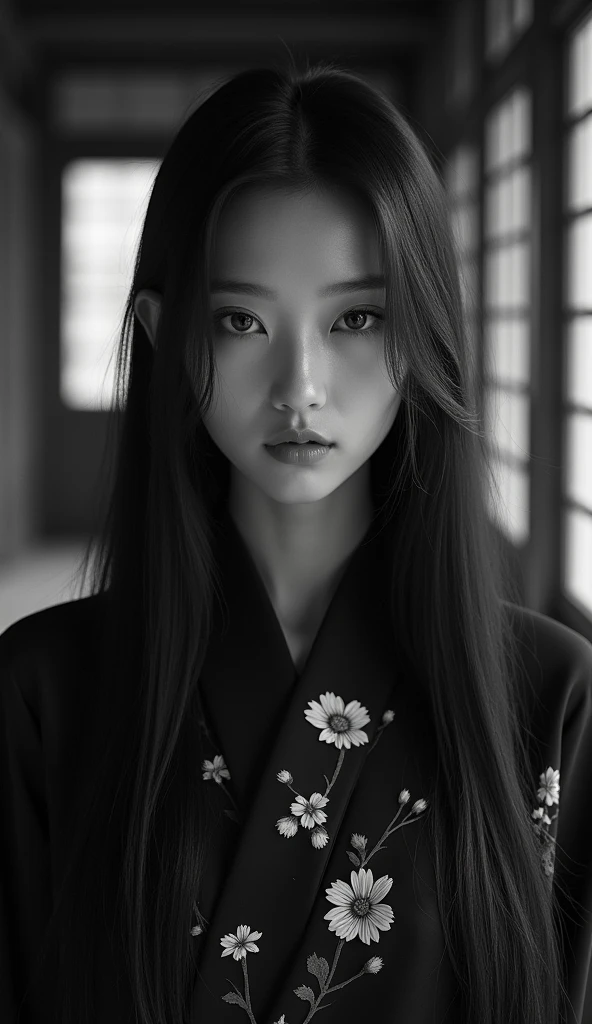Genre: Portrait
Photo or Other: photo
Subject/Action/Setting: woman, elegant, dark, mysterious
Hairstyle: long, dark
Clothing: traditional Japanese, flower patterns
Emotion/Expression: eerie, sinister, unsettling
Technique: monochrome
Background Elements/Location: indoor, traditional Japanese architecture
Art Style: None
Image Quality: high resolution
Composition: center framing
Placement within Frame: centered
Shot Angle: front view
Shot Size: medium shot
Shot Position: front view
Focus Method: None
Lighting: dramatic, low-key
Effects: None
Post-Processing: None
Camera Type: None
Lens Type: None
Exposure Settings: Unknown
Texture: smooth, theatrical
Era: modern
Color Tone: black and white
Saturation: low
Luminance: low
Weather/Climate/Season/Time: None
Image Concept/Theme: dark, supernatural, mysterious
Used Techniques: None
Speech Bubble/Sound Effect Text: None
Similar Art Style Artists/Photographers/Directors: None
Aspect Ratio: Unknown

Image Generation AI Prompt: portrait, woman, elegant, dark, mysterious, long dark hair, traditional japanese clothing, flower patterns, eerie, sinister, unsettling, monochrome, indoor, traditional japanese architecture, high resolution, center framing, front view, medium shot, dramatic low-key lighting, smooth theatrical texture, black and white, low saturation, low luminance, dark supernatural mysterious

Image Generation AI Prompt Token Count: 27