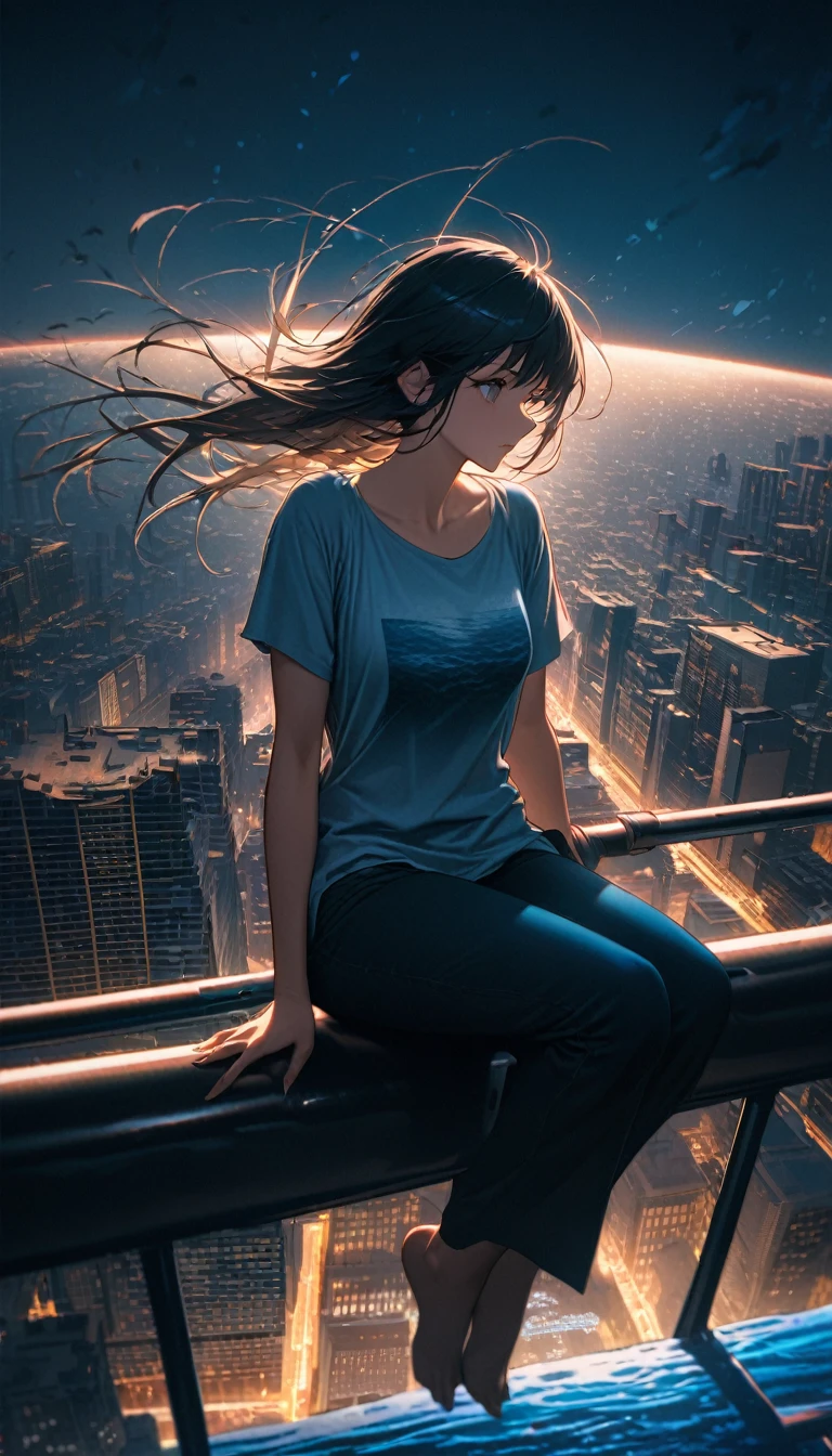 High resolution, Highest quality, high resolution, Super Fine, 16K, Incredibly absurd, Very detailed, Beautiful woman sitting on a trapeze suspended between two skyscrapers, Gazing into the distance, Wear a loose long T-shirt, Captivating look, Wind, Wind-effect, moonlit ocean, (Nice views:1.1) , Clockpunk