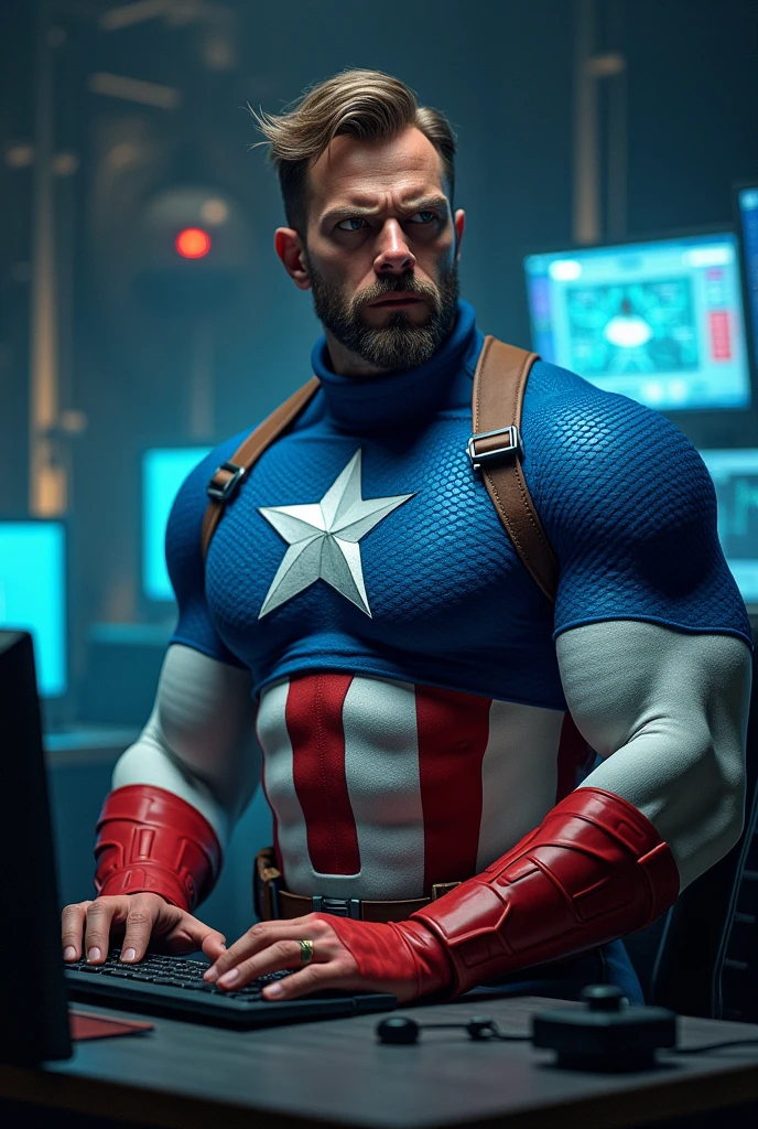 A man
who wearing captain America dress and write its name captain with a hacking background