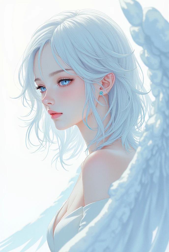 An illustration　androgynous person　Angel Wings　Her skin is white and her lips are pale pink　The eyes are light blue and clear.　Clothing that doesn&#39;t reveal much skin　Her hair is silver with some blue mesh　Do not look forward when looking from the side　The clothes are white and fluttery.