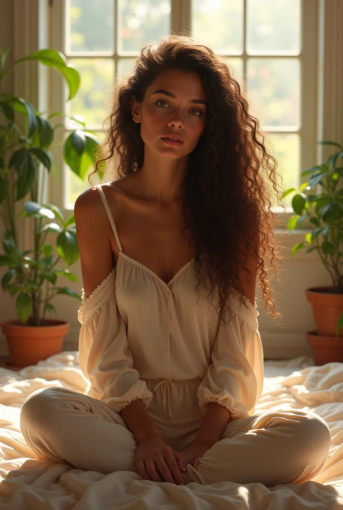 (photorealism:1.2), beautiful woman, sitting on bed, wearing loose off-shoulder top, pajama pants, long curly hair, indoors, soft lighting, plants in background, window with sunlight, cozy room, relaxed pose, realistic, intricate details, warm colors, by Greg Rutkowski, by Alphonse Mucha