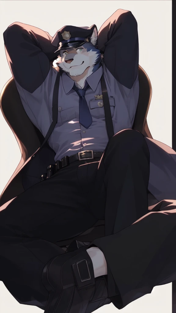 barrel(live a hero), (soft shading), 4k, hi res, ((detailed face, detailed eyes, detailed)), (full body), by zackarry911, by zaush, (by personalami:0.5), mature male, bara, muscular male, muscular, (pose), tokyo \(city\), street,solo, looking at viewer, smile, shirt, gloves, 1boy, hat, weapon, male focus, cowboy shot, black gloves, pants, fingerless gloves, uniform, feet out of frame, bulge, blue pants, police, police uniform, (police hat), (tail), wolf tail, police station