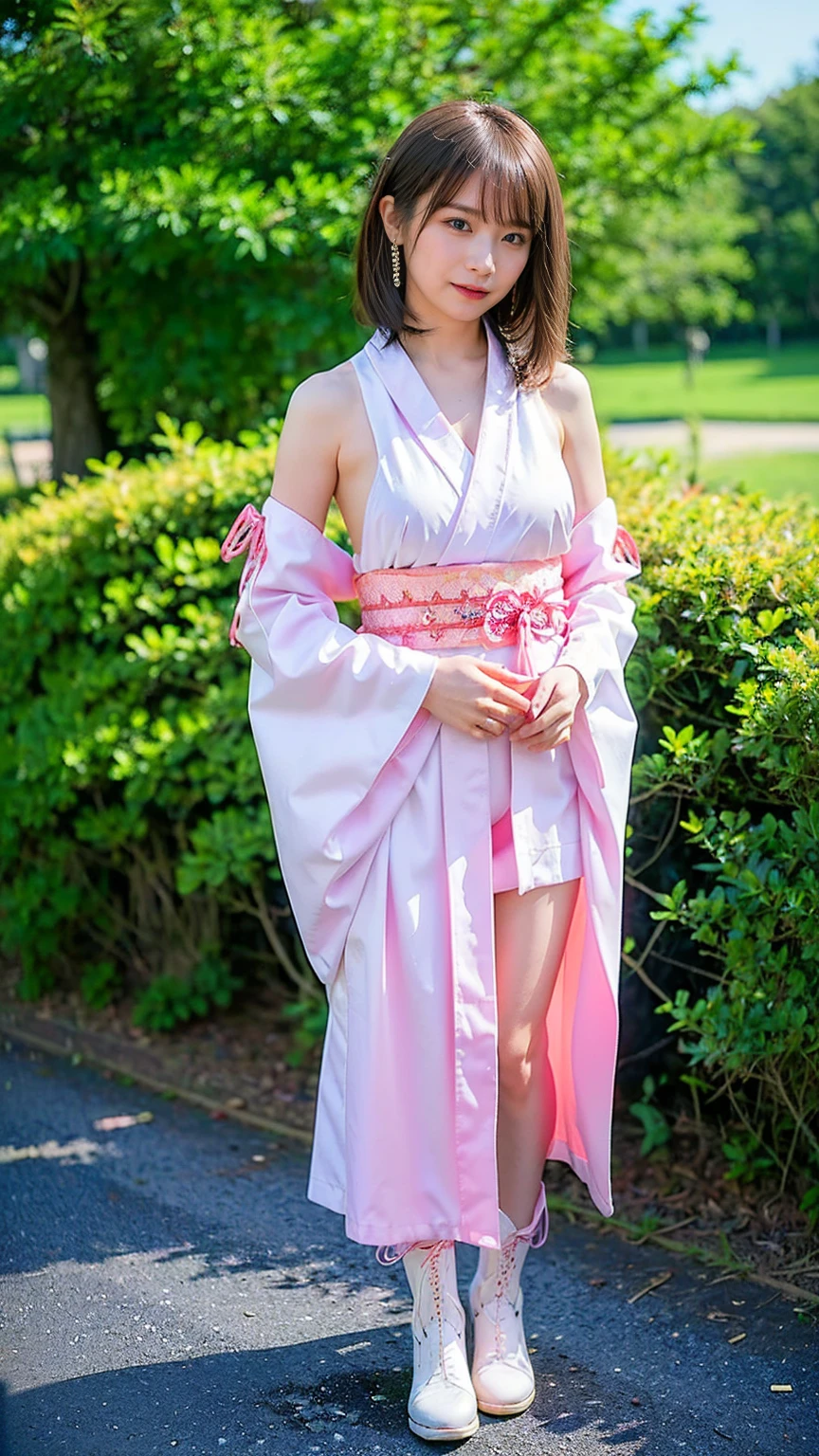 (8k、RAW Photos、Highest quality、masterpiece:1.2)、(Realistic、Realistic)、1 girl、((Long-sleeved kimono、white、pink、navy blue、Shoulder visible、Breast enlargement、boots、ribbon、garden、Thin legs、Long skirt、whole body、View from the front、Looking into the camera、Stand with hands on hips))、cute