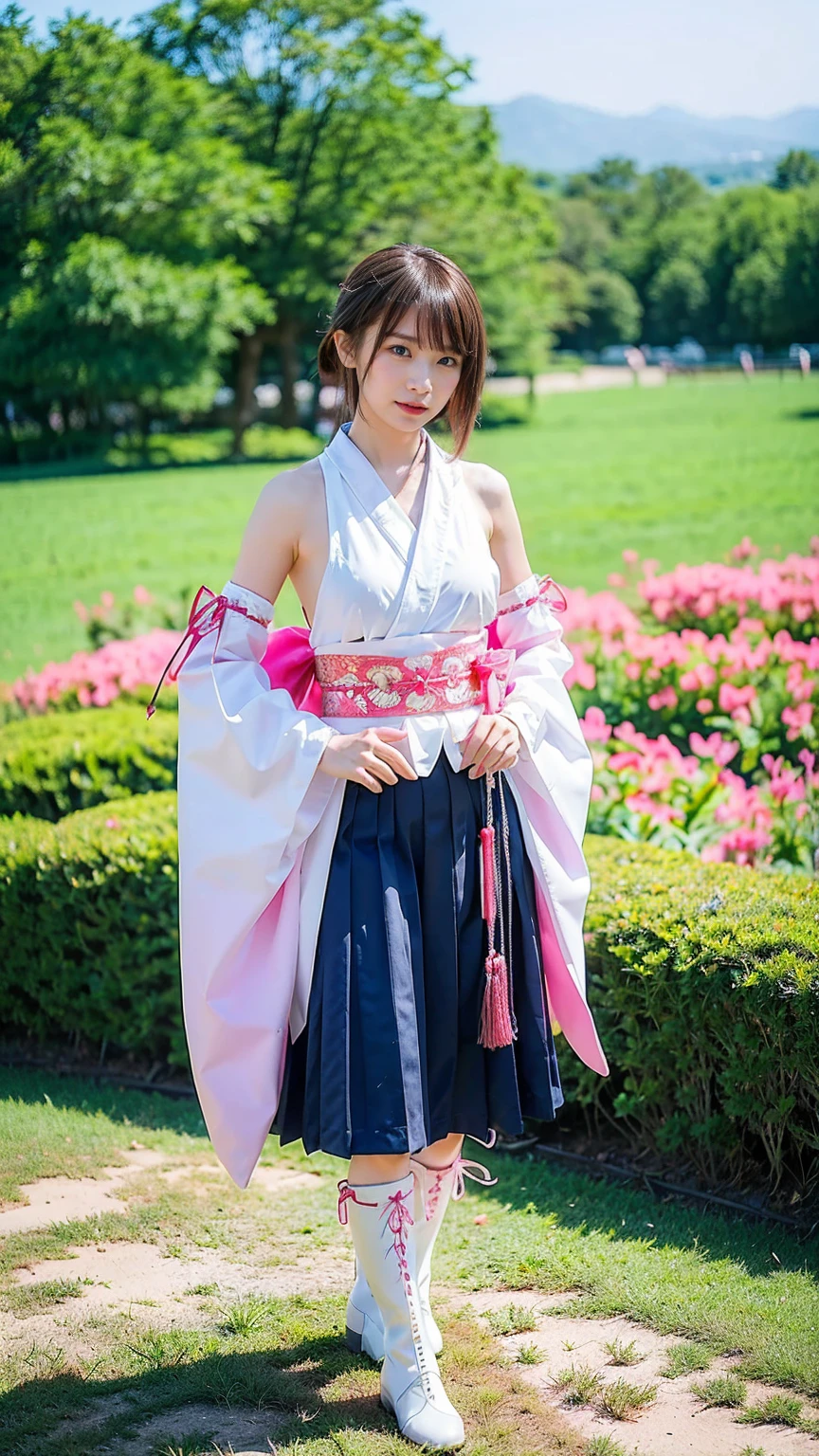 (8k、RAW Photos、Highest quality、masterpiece:1.2)、(Realistic、Realistic)、1 girl、((Long-sleeved kimono、white、pink、navy blue、Shoulder visible、Breast enlargement、boots、ribbon、garden、Thin legs、Long skirt、whole body、View from the front、Looking into the camera、Stand with hands on hips))、cute