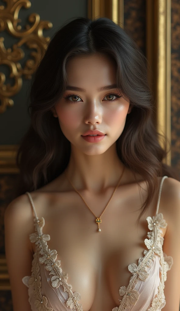 a sexy girl, beautiful detailed eyes, beautiful detailed lips, extremely detailed face and portrait, long eyelashes, wavy hair, delicate facial features, porcelain skin, sultry expression, seductive pose, flowing dress, intricate details, ornate background, dramatic lighting, cinematic composition, vibrant colors, elegant aesthetic, photorealistic, (best quality,4k,8k,highres,masterpiece:1.2),ultra-detailed,(realistic,photorealistic,photo-realistic:1.37)