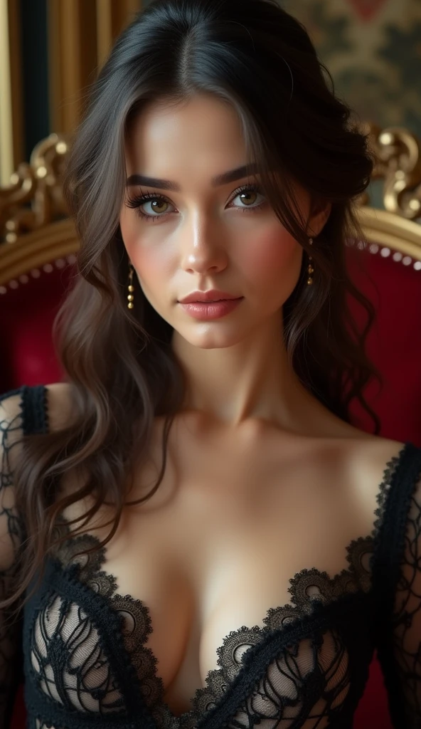 best quality,ultra-detailed,realistic:1.37 (portrait:1.1,beautiful detailed eyes,beautiful detailed lips),oil painting,studio lighting,vivid colors,soft and warm color tones,subtle shadows,Australian actress Angela White,curly blonde hair,glamorous appearance,feminine features,wearing elegant evening gown,sitting on a velvet chair,seductive expression,gentle smile,direct eye contact with audience,background with classical elements,soft and dreamy atmosphere