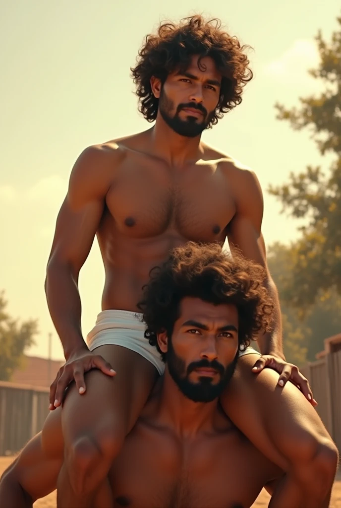 (photorealism:1.2), Pakistani guy, riding on guy's shoulders , underwear,curly hair, outdoors, thick thighs,soft lighting, relaxed pose, realistic, intricate details, warm colors, by Greg Rutkowski, by Alphonse Mucha