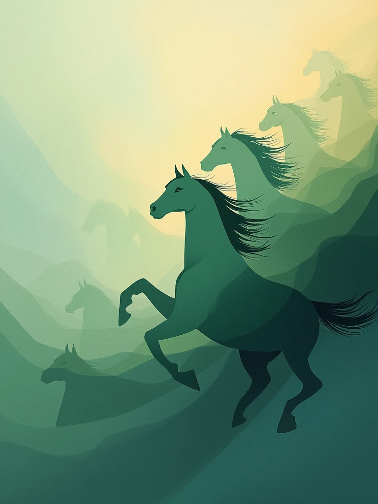 Create an abstract painting that represents the harmonious rhythm of seven horses moving together. Use repeating patterns and soft, undulating lines in a soothing color palette of greens, blues, and golds to evoke a sense of synchronized movement. The horses can be depicted as overlapping, rhythmic forms, their bodies blending into a continuous wave-like pattern. The background can be a smooth gradient or a series of gentle, flowing shapes, emphasizing the sense of unity and balance among the horses.