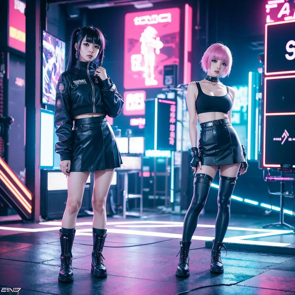 anime girl in a short skirt and boots posing in front of a wall of monitors, cyber punk setting, inspired by Leng Mei, e - girl, e-girl, 2b, 2 b, in cyberpunk style, cyberpunk with neon lighting, cyberpunk 2 0 y. o model girl, kda, in cyber punk 2077, y 2 k cybercore