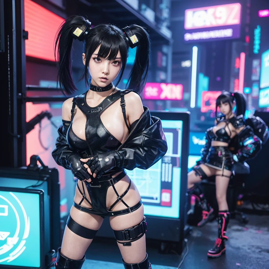 anime girl in a short skirt and boots posing in front of a wall of monitors, cyber punk setting, inspired by Leng Mei, e - girl, e-girl, 2b, 2 b, in cyberpunk style, cyberpunk with neon lighting, cyberpunk 2 0 y. o model girl, kda, in cyber punk 2077, y 2 k cybercore