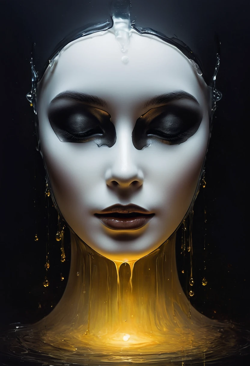 painting of a highest quality, digital painting, extremely Smooth, fluids, dream-like, Smooth, Sparkling, dream-like glow, Stylized color ink art by Anna Dittmann, Arthur Rackham, Wet black and white color inks line art dream-like feminine face mask, death mask, upper half of mask frontal with Smooth ceramic plastic surface, black canvas illustration, fractal style, ((floating mask)), ((Mask only)),center of cursive, symmetry, 4K modifier: 4K 3D, dark atmosphere, cinematic scene, volumetric lights, ultra realistic, in the style of nicola samori