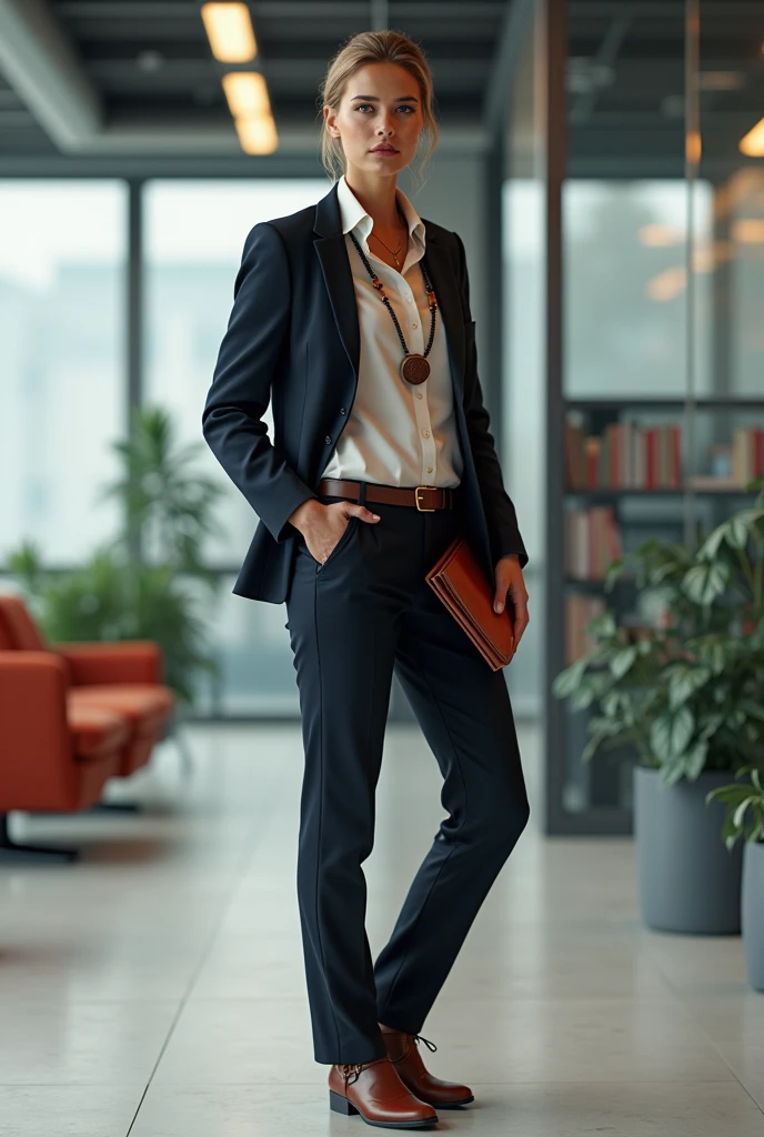 Create a professional in the administration area of an innovation and technology company, with creative clothing that expresses your innovative style, seriousness and creativity without excessive formality, with more flexibility to express your style