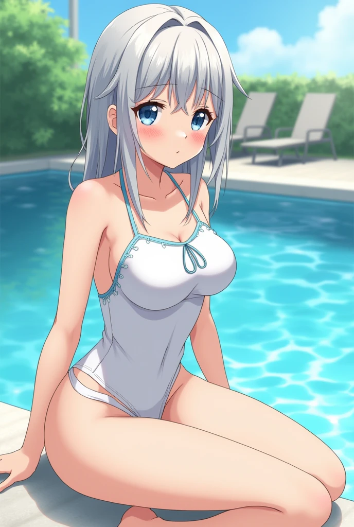 School Swimsuit Gray Hair Lori Pool Anime-style illustrations