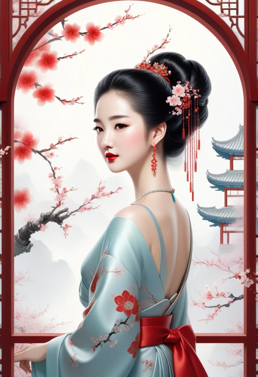 A sparkling, gorgeous jewel, Minimalist design, Public figure, reply, Ancient Beauty, Looks like Liu Yifei., window fairy, Edo hairstyle, Red lips smiled like cherry blossoms, Curved posture, white background, raised an eyebrow, Not messy, enlargement, rococo style, animation style, high detail, Contemporary art