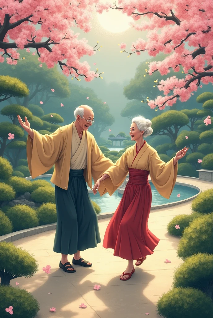 An old man and his sister dancing in a Japanese garden