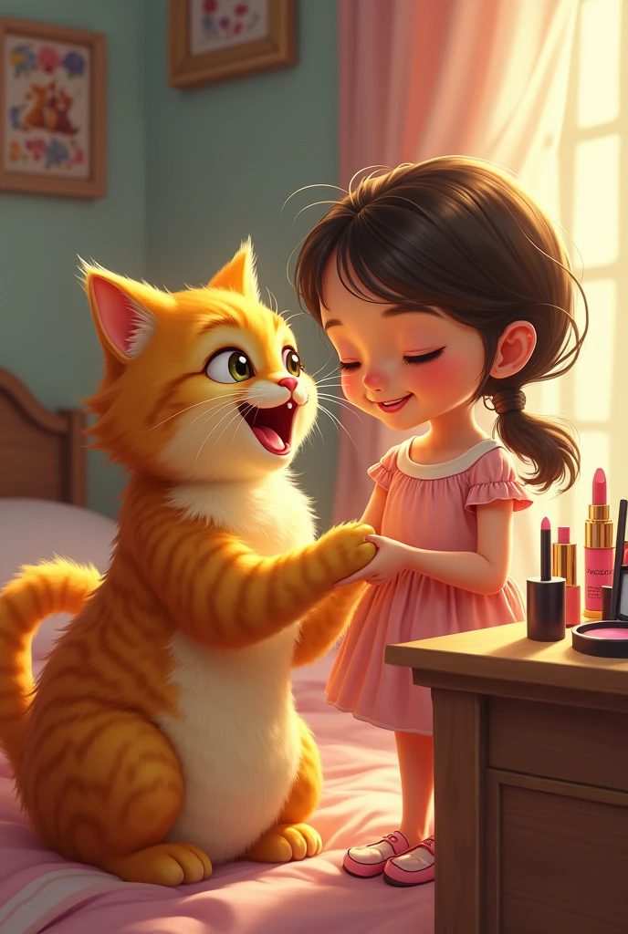 Now cat turns back to home and her owner girl give her their makeup from vanity to make cat happy golden cat show girl face also animated